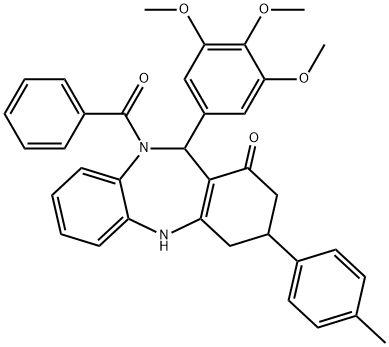 10-benzoyl-3-(4-methylphenyl)-11-(3,4,5-trimethoxyphenyl)-2,3,4,5,10,11-hexahydro-1H-dibenzo[b,e][1,4]diazepin-1-one 化学構造式