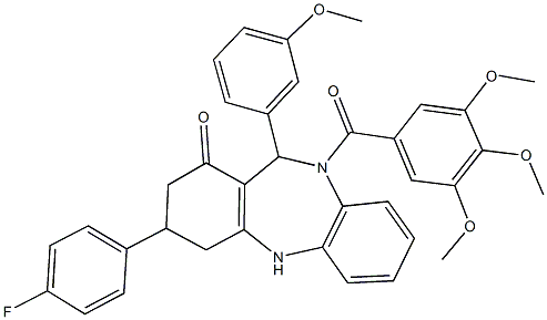 3-(4-fluorophenyl)-11-(3-methoxyphenyl)-10-(3,4,5-trimethoxybenzoyl)-2,3,4,5,10,11-hexahydro-1H-dibenzo[b,e][1,4]diazepin-1-one Struktur