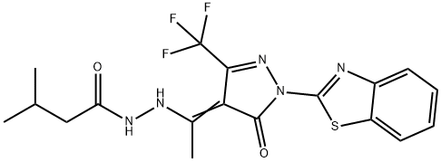 N'-{1-[1-(1,3-benzothiazol-2-yl)-5-oxo-3-(trifluoromethyl)-1,5-dihydro-4H-pyrazol-4-ylidene]ethyl}-3-methylbutanohydrazide 化学構造式