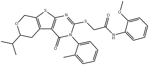 2-{[6-isopropyl-3-(2-methylphenyl)-4-oxo-3,5,6,8-tetrahydro-4H-pyrano[4',3':4,5]thieno[2,3-d]pyrimidin-2-yl]sulfanyl}-N-(2-methoxyphenyl)acetamide Struktur