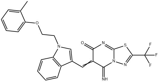 5-imino-6-({1-[2-(2-methylphenoxy)ethyl]-1H-indol-3-yl}methylene)-2-(trifluoromethyl)-5,6-dihydro-7H-[1,3,4]thiadiazolo[3,2-a]pyrimidin-7-one 化学構造式