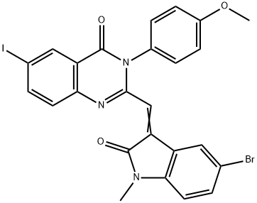 2-[(5-bromo-1-methyl-2-oxo-1,2-dihydro-3H-indol-3-ylidene)methyl]-6-iodo-3-(4-methoxyphenyl)-4(3H)-quinazolinone,378771-94-9,结构式