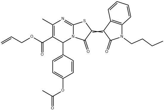 allyl 5-[4-(acetyloxy)phenyl]-2-(1-butyl-2-oxo-1,2-dihydro-3H-indol-3-ylidene)-7-methyl-3-oxo-2,3-dihydro-5H-[1,3]thiazolo[3,2-a]pyrimidine-6-carboxylate 化学構造式