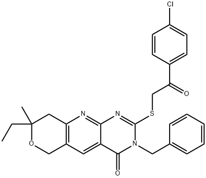 3-benzyl-2-{[2-(4-chlorophenyl)-2-oxoethyl]sulfanyl}-8-ethyl-8-methyl-3,6,8,9-tetrahydro-4H-pyrano[3',4':5,6]pyrido[2,3-d]pyrimidin-4-one,378778-54-2,结构式