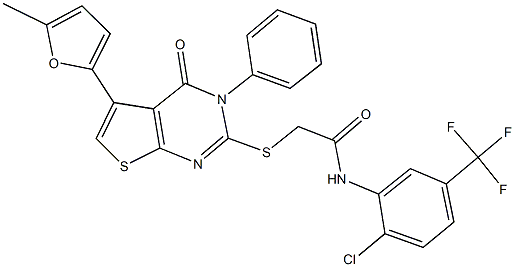 N-[2-chloro-5-(trifluoromethyl)phenyl]-2-{[5-(5-methyl-2-furyl)-4-oxo-3-phenyl-3,4-dihydrothieno[2,3-d]pyrimidin-2-yl]sulfanyl}acetamide Struktur