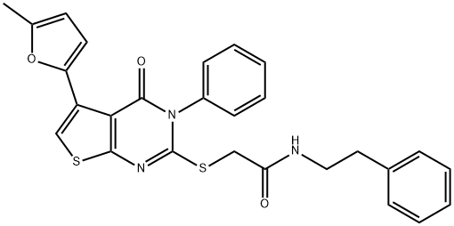 2-{[5-(5-methyl-2-furyl)-4-oxo-3-phenyl-3,4-dihydrothieno[2,3-d]pyrimidin-2-yl]sulfanyl}-N-(2-phenylethyl)acetamide Structure