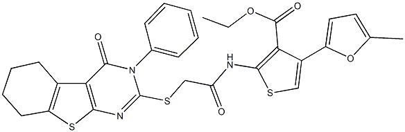 ethyl 4-(5-methyl-2-furyl)-2-({[(4-oxo-3-phenyl-3,4,5,6,7,8-hexahydro[1]benzothieno[2,3-d]pyrimidin-2-yl)sulfanyl]acetyl}amino)-3-thiophenecarboxylate Struktur