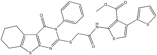 methyl 2-({[(3-phenyl-4-oxo-3,4,5,6,7,8-hexahydro[1]benzothieno[2,3-d]pyrimidin-2-yl)sulfanyl]acetyl}amino)-2',4-bithiophene-3-carboxylate 结构式