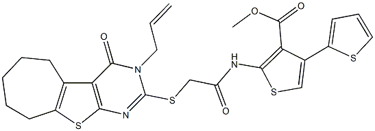 methyl 2-({[(3-allyl-4-oxo-3,5,6,7,8,9-hexahydro-4H-cyclohepta[4,5]thieno[2,3-d]pyrimidin-2-yl)sulfanyl]acetyl}amino)-2',4-bithiophene-3-carboxylate 化学構造式