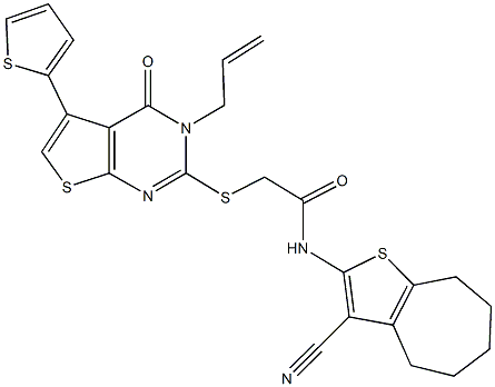 2-{[3-allyl-4-oxo-5-(2-thienyl)-3,4-dihydrothieno[2,3-d]pyrimidin-2-yl]sulfanyl}-N-(3-cyano-5,6,7,8-tetrahydro-4H-cyclohepta[b]thien-2-yl)acetamide 结构式