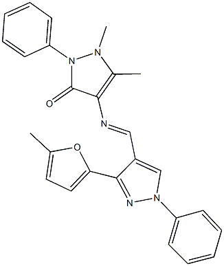 1,5-dimethyl-4-({[3-(5-methyl-2-furyl)-1-phenyl-1H-pyrazol-4-yl]methylene}amino)-2-phenyl-1,2-dihydro-3H-pyrazol-3-one 结构式