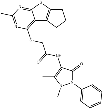N-(1,5-dimethyl-3-oxo-2-phenyl-2,3-dihydro-1H-pyrazol-4-yl)-2-[(2-methyl-6,7-dihydro-5H-cyclopenta[4,5]thieno[2,3-d]pyrimidin-4-yl)sulfanyl]acetamide Struktur