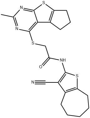 N-(3-cyano-5,6,7,8-tetrahydro-4H-cyclohepta[b]thien-2-yl)-2-[(2-methyl-6,7-dihydro-5H-cyclopenta[4,5]thieno[2,3-d]pyrimidin-4-yl)sulfanyl]acetamide 化学構造式