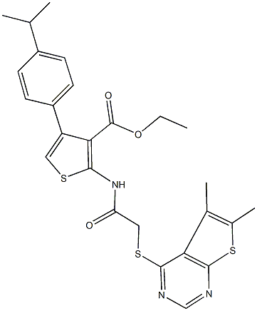 ethyl 2-({[(5,6-dimethylthieno[2,3-d]pyrimidin-4-yl)sulfanyl]acetyl}amino)-4-(4-isopropylphenyl)thiophene-3-carboxylate Structure