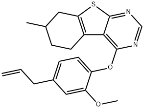 4-(4-allyl-2-methoxyphenoxy)-7-methyl-5,6,7,8-tetrahydro[1]benzothieno[2,3-d]pyrimidine 化学構造式