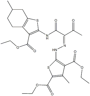 diethyl 5-{2-[1-({[3-(ethoxycarbonyl)-6-methyl-4,5,6,7-tetrahydro-1-benzothien-2-yl]amino}carbonyl)-2-oxopropylidene]hydrazino}-3-methyl-2,4-thiophenedicarboxylate,379245-44-0,结构式