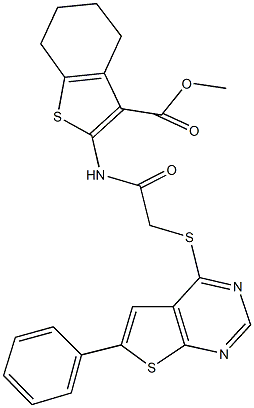 methyl 2-({[(6-phenylthieno[2,3-d]pyrimidin-4-yl)sulfanyl]acetyl}amino)-4,5,6,7-tetrahydro-1-benzothiophene-3-carboxylate Struktur