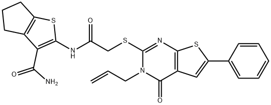 2-({[(3-allyl-4-oxo-6-phenyl-3,4-dihydrothieno[2,3-d]pyrimidin-2-yl)sulfanyl]acetyl}amino)-5,6-dihydro-4H-cyclopenta[b]thiophene-3-carboxamide 化学構造式