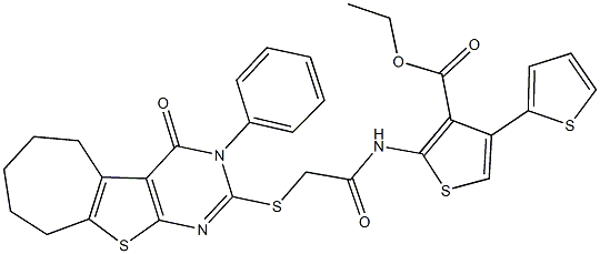 ethyl 2-({[(3-phenyl-4-oxo-3,5,6,7,8,9-hexahydro-4H-cyclohepta[4,5]thieno[2,3-d]pyrimidin-2-yl)sulfanyl]acetyl}amino)-2',4-bithiophene-3-carboxylate 结构式