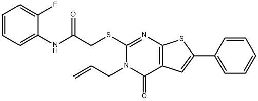 2-[(3-allyl-4-oxo-6-phenyl-3,4-dihydrothieno[2,3-d]pyrimidin-2-yl)sulfanyl]-N-(2-fluorophenyl)acetamide 化学構造式