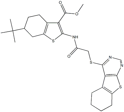 methyl 6-tert-butyl-2-{[(5,6,7,8-tetrahydro[1]benzothieno[2,3-d]pyrimidin-4-ylsulfanyl)acetyl]amino}-4,5,6,7-tetrahydro-1-benzothiophene-3-carboxylate 化学構造式