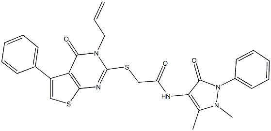 N-(1,5-dimethyl-3-oxo-2-phenyl-2,3-dihydro-1H-pyrazol-4-yl)-2-[(4-oxo-5-phenyl-3-prop-2-enyl-3,4-dihydrothieno[2,3-d]pyrimidin-2-yl)sulfanyl]acetamide 化学構造式