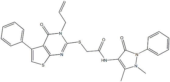 N-(1,5-dimethyl-3-oxo-2-phenyl-2,3-dihydro-1H-pyrazol-4-yl)-2-[(4-oxo-5-phenyl-3-prop-2-enyl-3,4-dihydrothieno[2,3-d]pyrimidin-2-yl)sulfanyl]acetamide Struktur