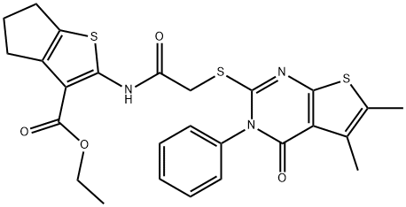 ethyl 2-({[(5,6-dimethyl-4-oxo-3-phenyl-3,4-dihydrothieno[2,3-d]pyrimidin-2-yl)sulfanyl]acetyl}amino)-5,6-dihydro-4H-cyclopenta[b]thiophene-3-carboxylate Structure