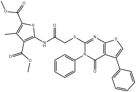 dimethyl 3-methyl-5-({[(4-oxo-3,5-diphenyl-3,4-dihydrothieno[2,3-d]pyrimidin-2-yl)sulfanyl]acetyl}amino)thiophene-2,4-dicarboxylate Struktur