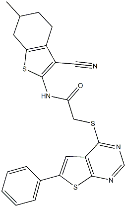 N-(3-cyano-6-methyl-4,5,6,7-tetrahydro-1-benzothien-2-yl)-2-[(6-phenylthieno[2,3-d]pyrimidin-4-yl)sulfanyl]acetamide,379253-82-4,结构式