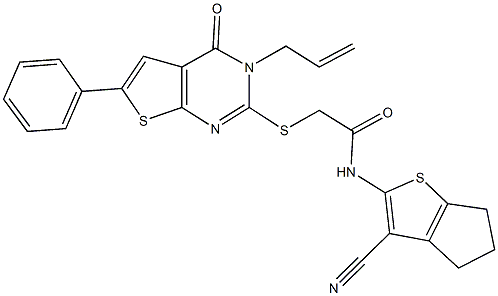 2-[(3-allyl-4-oxo-6-phenyl-3,4-dihydrothieno[2,3-d]pyrimidin-2-yl)sulfanyl]-N-(3-cyano-5,6-dihydro-4H-cyclopenta[b]thien-2-yl)acetamide Struktur