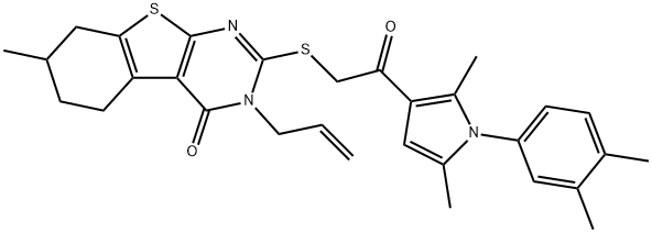 3-allyl-2-({2-[1-(3,4-dimethylphenyl)-2,5-dimethyl-1H-pyrrol-3-yl]-2-oxoethyl}sulfanyl)-7-methyl-5,6,7,8-tetrahydro[1]benzothieno[2,3-d]pyrimidin-4(3H)-one Struktur