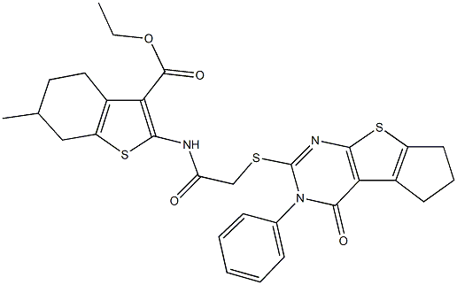 379256-81-2 ethyl 6-methyl-2-({[(4-oxo-3-phenyl-3,5,6,7-tetrahydro-4H-cyclopenta[4,5]thieno[2,3-d]pyrimidin-2-yl)sulfanyl]acetyl}amino)-4,5,6,7-tetrahydro-1-benzothiophene-3-carboxylate