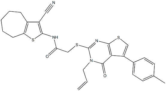 2-{[3-allyl-5-(4-methylphenyl)-4-oxo-3,4-dihydrothieno[2,3-d]pyrimidin-2-yl]sulfanyl}-N-(3-cyano-5,6,7,8-tetrahydro-4H-cyclohepta[b]thien-2-yl)acetamide Struktur