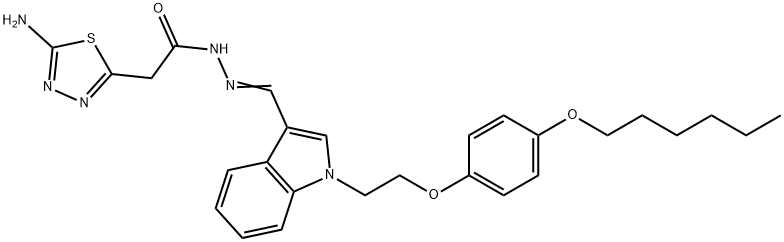2-(5-amino-1,3,4-thiadiazol-2-yl)-N'-[(1-{2-[4-(hexyloxy)phenoxy]ethyl}-1H-indol-3-yl)methylene]acetohydrazide Struktur