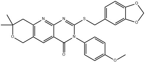 2-[(1,3-benzodioxol-5-ylmethyl)sulfanyl]-3-(4-methoxyphenyl)-8,8-dimethyl-3,6,8,9-tetrahydro-4H-pyrano[3',4':5,6]pyrido[2,3-d]pyrimidin-4-one Struktur