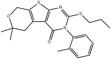 6,6-dimethyl-3-(2-methylphenyl)-2-(propylsulfanyl)-3,5,6,8-tetrahydro-4H-pyrano[4',3':4,5]thieno[2,3-d]pyrimidin-4-one 结构式