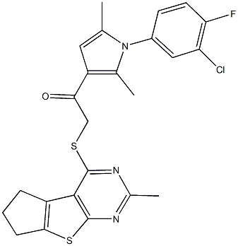 1-[1-(3-chloro-4-fluorophenyl)-2,5-dimethyl-1H-pyrrol-3-yl]-2-[(2-methyl-6,7-dihydro-5H-cyclopenta[4,5]thieno[2,3-d]pyrimidin-4-yl)sulfanyl]ethanone,380218-21-3,结构式