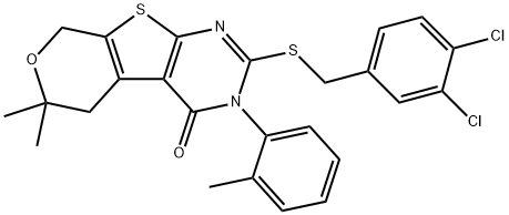 2-[(3,4-dichlorobenzyl)sulfanyl]-6,6-dimethyl-3-(2-methylphenyl)-3,5,6,8-tetrahydro-4H-pyrano[4',3':4,5]thieno[2,3-d]pyrimidin-4-one 化学構造式