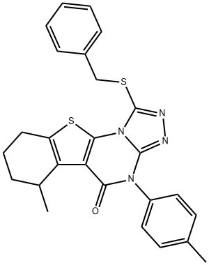 1-(benzylsulfanyl)-6-methyl-4-(4-methylphenyl)-6,7,8,9-tetrahydro[1]benzothieno[3,2-e][1,2,4]triazolo[4,3-a]pyrimidin-5(4H)-one Struktur