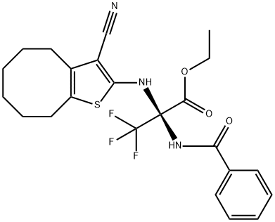 ethyl 2-(benzoylamino)-2-[(3-cyano-4,5,6,7,8,9-hexahydrocycloocta[b]thien-2-yl)amino]-3,3,3-trifluoropropanoate 结构式