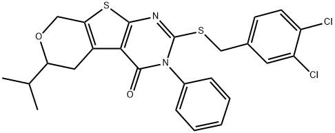 2-[(3,4-dichlorobenzyl)sulfanyl]-6-isopropyl-3-phenyl-3,5,6,8-tetrahydro-4H-pyrano[4',3':4,5]thieno[2,3-d]pyrimidin-4-one Struktur