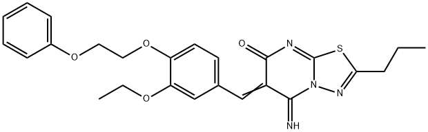 6-[3-ethoxy-4-(2-phenoxyethoxy)benzylidene]-5-imino-2-propyl-5,6-dihydro-7H-[1,3,4]thiadiazolo[3,2-a]pyrimidin-7-one Struktur