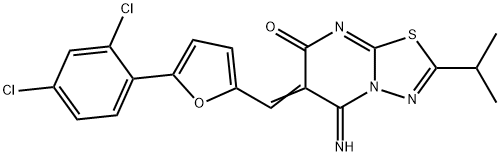 6-{[5-(2,4-dichlorophenyl)-2-furyl]methylene}-5-imino-2-isopropyl-5,6-dihydro-7H-[1,3,4]thiadiazolo[3,2-a]pyrimidin-7-one Structure