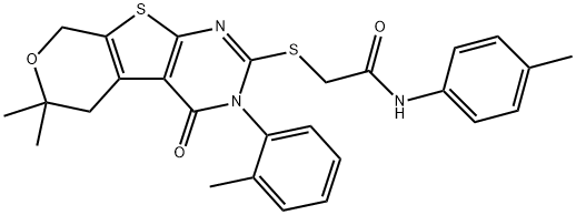 2-{[6,6-dimethyl-3-(2-methylphenyl)-4-oxo-3,5,6,8-tetrahydro-4H-pyrano[4',3':4,5]thieno[2,3-d]pyrimidin-2-yl]sulfanyl}-N-(4-methylphenyl)acetamide 结构式