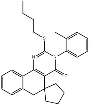 2-(butylsulfanyl)-3-(2-methylphenyl)-5,6-dihydrospiro(benzo[h]quinazoline-5,1'-cyclopentane)-4(3H)-one,380593-31-7,结构式