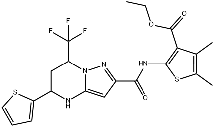 ethyl 4,5-dimethyl-2-({[5-(2-thienyl)-7-(trifluoromethyl)-4,5,6,7-tetrahydropyrazolo[1,5-a]pyrimidin-2-yl]carbonyl}amino)-3-thiophenecarboxylate Struktur