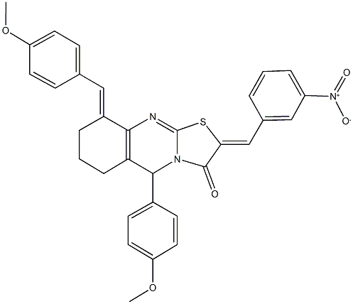 2-{3-nitrobenzylidene}-9-(4-methoxybenzylidene)-5-(4-methoxyphenyl)-6,7,8,9-tetrahydro-5H-[1,3]thiazolo[2,3-b]quinazolin-3(2H)-one Structure