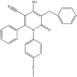 5-benzyl-4-hydroxy-1-(4-methoxyphenyl)-6-oxo-2-phenyl-1,6-dihydro-3-pyridinecarbonitrile Struktur