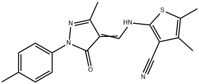 4,5-dimethyl-2-({[3-methyl-1-(4-methylphenyl)-5-oxo-1,5-dihydro-4H-pyrazol-4-ylidene]methyl}amino)-3-thiophenecarbonitrile,380645-22-7,结构式